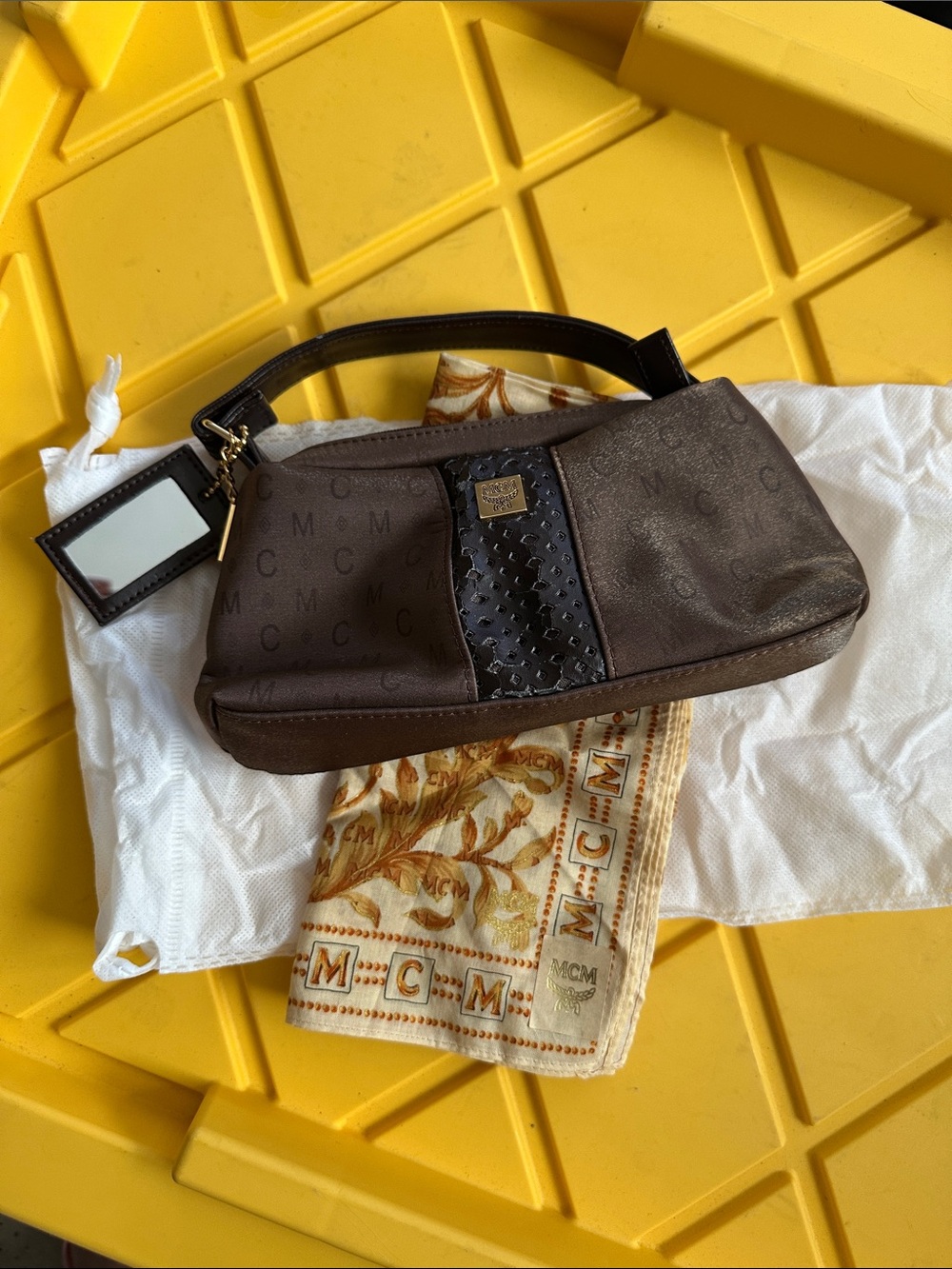 MCM Brown Logo-Print Leather Wristlet with Gold Hardware